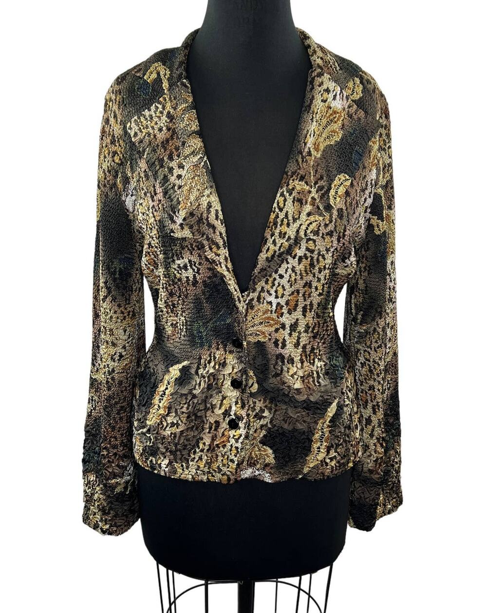 VINTAGE Alberto Makali Leopard & Floral Printed Crinkle Blazer Jacket V-Neck M